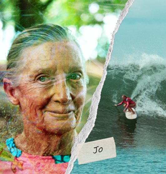 Jo Pickett, portrait alongside a photo of a surfer riding a wave
